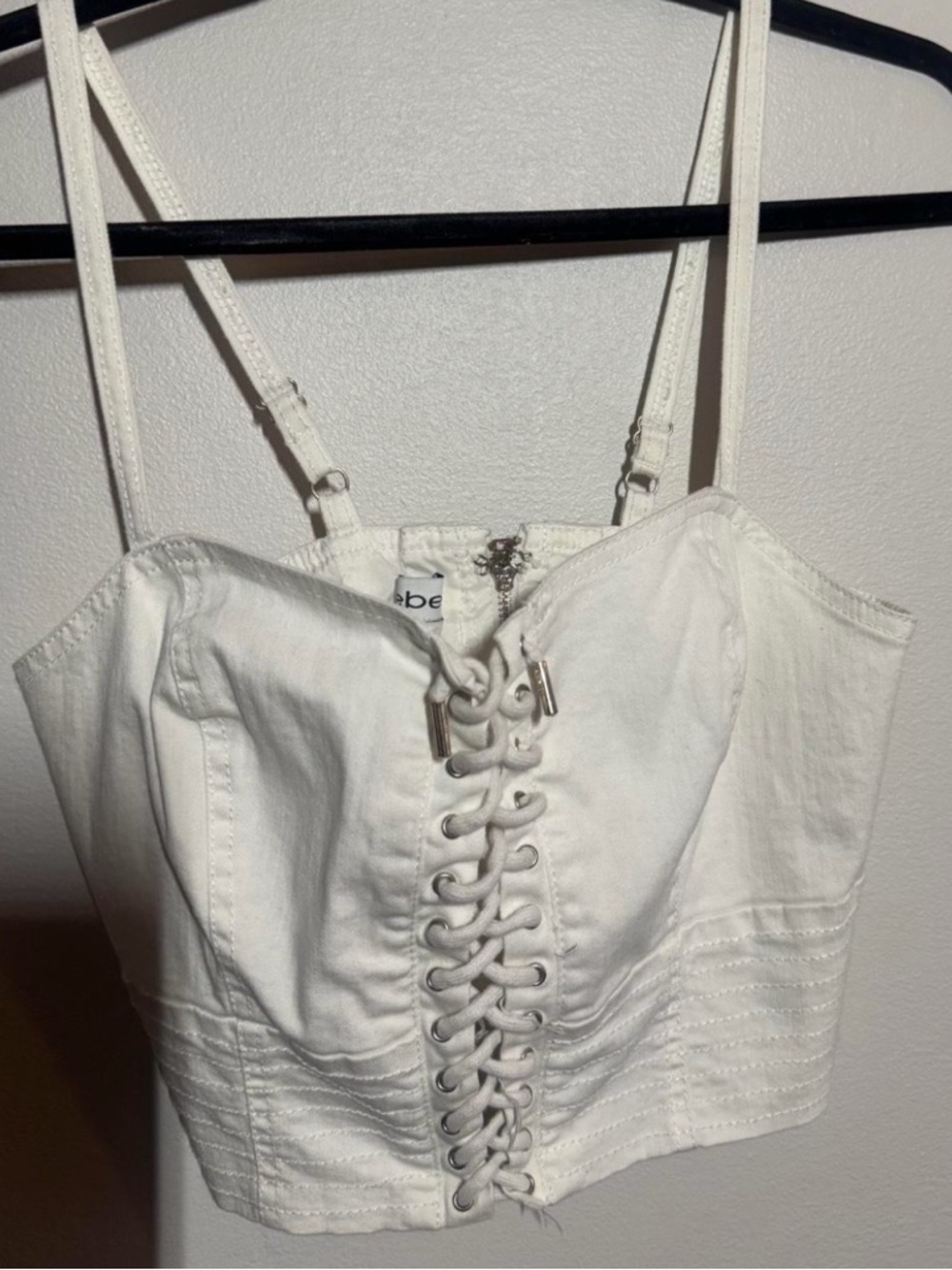 Bebe White Lace-Up Bustier Crop Top with Silver Hardware